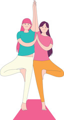 two people are doing yoga on a white background