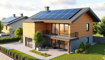 Modern House with Solar Panels.