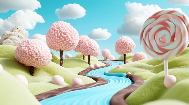 A whimsical landscape featuring pink candy trees, a flowing blue river, and colorful lollipops under a sunny sky.
