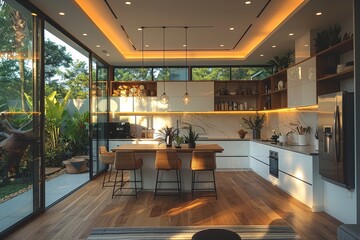 Elegant scandinavian kitchen walk through with steady cam, showcasing minimalistic design