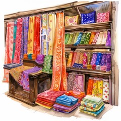 Fototapeta premium Watercolor painting of an Indian textile shop with rich, patterned fabrics, on isolated white background