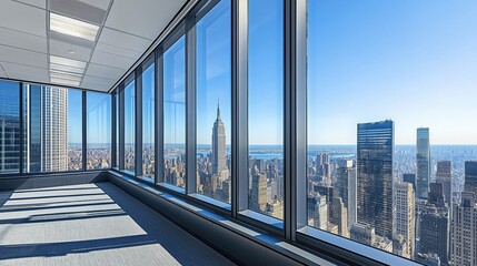 high-rise office with a panoramic city view through large windows