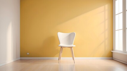 Fototapeta premium Isolated white chair in empty room with yellow wall. Empty wall mockup. Template for artwork, painting, photo or poster 