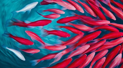 Brightly colored fish moving in dense, synchronized waves, shimmering as they catch the light, shoal of fish swimming harmoniously