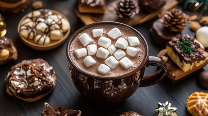 Fototapeta premium Closeup of hot chocolate with marshmallows, surrounded by holidaythemed treats and decor on a dark wood table