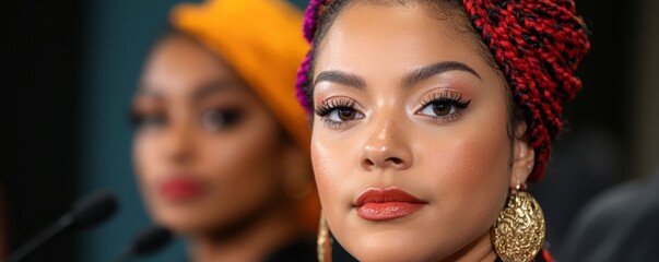 Obraz premium Close-up portrait of a confident woman with vibrant hair and bold earrings, showcasing empowerment and beauty.