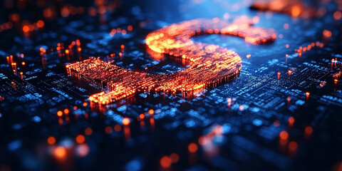 Glowing Dollar Sign with Abstract Digital Elements on Dark Background