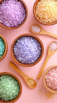 Colorful bath salts in wooden bowls, set on a pastel pink background with matching wooden spoons