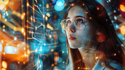 Woman in glasses gazes at a futuristic interface, showcasing a complex network of data and digital elements.