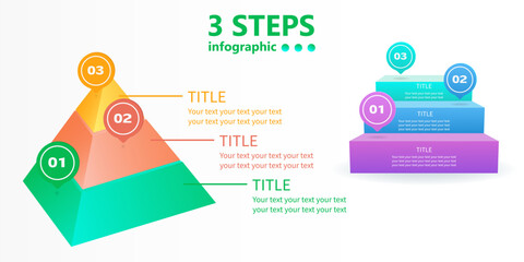 A set of business infographics of 3 steps in the form of a pyramid and a ladder. 3 D. Vector illustration.