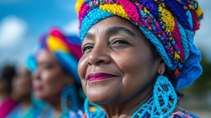 A vibrant portrait of a smiling woman adorned in colorful attire and accessories, celebrating culture and heritage.