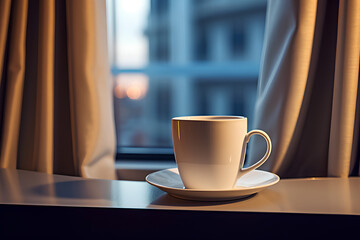 at the hotel room, Shallow depth of field, focus on the cup