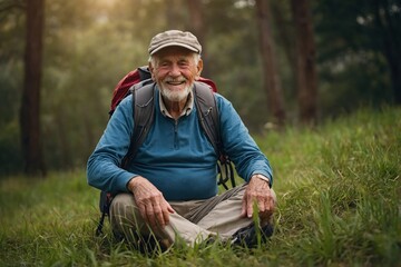 Active senior man is thrilled to accomplish challenging hiking trail. Happy elderly man resting on grass