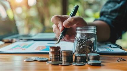 Fototapeta premium Businessman writing on notebook and put coins in glass jar with interest room sign text for loop ecology growth graphic.