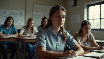 Education Center Young Beautiful Female Student Learning in Classroom, Using Laptop Computer to Write Down Notes. Group of People Taking Workshop on Improving Professional Work Skills