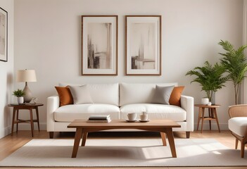 Interior of A modern living room with blank poster frame a large white sectional sofa, a low wooden coffee table, and a blank white frame on the wall