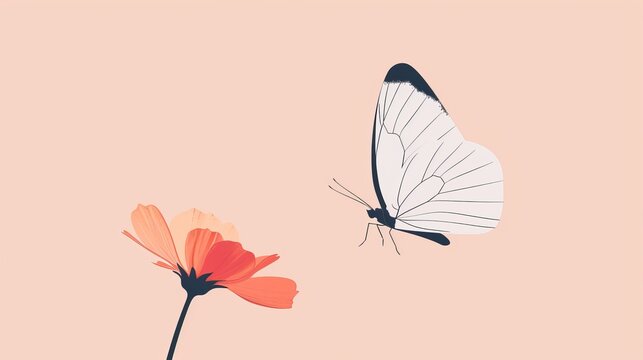 Elegant butterfly on a single flower, minimalistic and basic 2D vector illustration, clean and simple layout, soft hues
