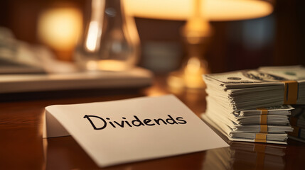 A photograph of a "Dividends" sign, with stacks of  bills neatly arranged beside it.
