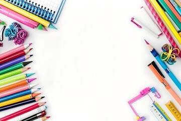 Fototapeta premium Clean white background featuring an array of colorful school supplies on the right side in a flat lay setup. Great for back to school text.