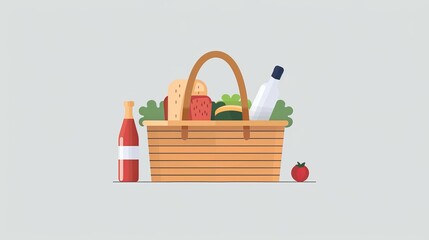 Obraz premium 2D vector illustration of a picnic basket with food, minimalist and plain, clean lines, and a simple color palette