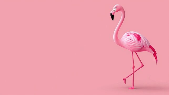 Minimalist flamingo on one leg, uncluttered design, clean background, plain colors, 2D vector art