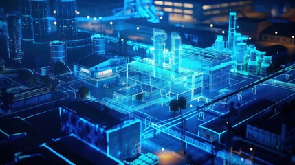 Security with AI smart surveillance at industrial factory and compound, blue highlighted Ai Security, AI generated for Ads