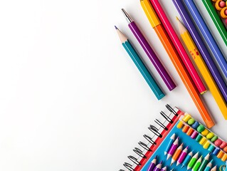 Fototapeta premium Clean white background featuring colorful school supplies on the right side in a flat lay, top view arrangement. Great for back to school banners.