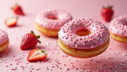 Pink Donut with Sprinkles and Strawberries.