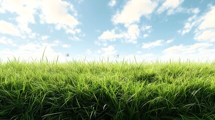 Obraz premium Lush Green Meadow with Serene Blue Sky and Fluffy Clouds Background