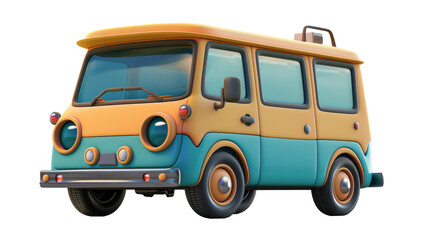 A cartoon car with a yellow and blue color. It is parked on a white background. The car has a vintage look and is designed to look like a real car