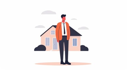 A confident man stands outside a modern house, showcasing a welcoming atmosphere and professionalism in a peaceful environment.