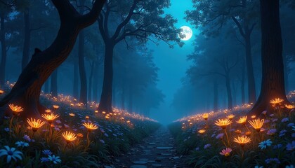 Enchanting Forest Path with Glowing Flowers and Moonlight.