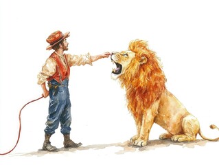 Whimsical Watercolor of a Friendly Lion Tamer Performing in a Colorful Circus Setting