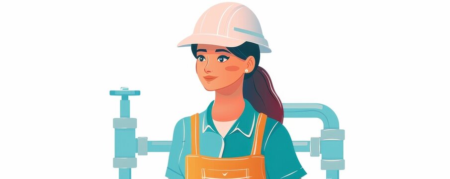 A skilled female plumber in a hard hat and work attire, showcasing confidence in a professional plumbing setting.