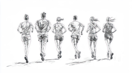 Pencil sketch outline of a group people exercise workout together