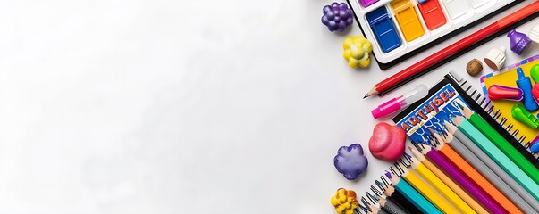 Clean white background with bright school supplies on the right side in a flat lay, top view arrangement. Great for back to school promotions.