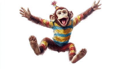 Cheerful circus monkey character performing various acrobatic stunts and tricks in a vibrant whimsical watercolor Isolated on a white background
