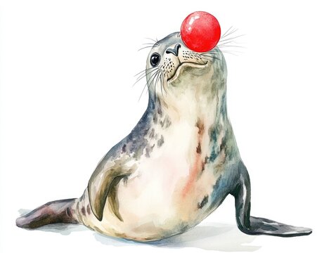 recommend clip art: Charming Watercolor of a Circus Seal Balancing a Ball Gracefully on Its Nose Representing the Talent and Skill of Trained Animal Performers in a Lively Circus or Carnival Setting