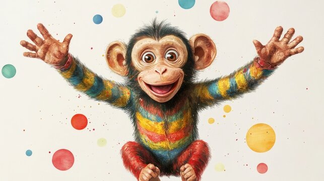 Cheerful circus monkey character performing acrobatic stunts in a whimsical watercolor Vibrant and playful image of an animal performer in a festive entertaining setting