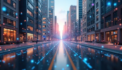 Obraz premium Futuristic City Street with Glowing Lights and Reflections.