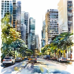 Obraz premium Watercolor painting of a city avenue with tall skyscrapers in the background, on isolated white background
