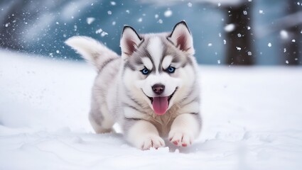 Playful husky puppy with a thick creamy white coat a