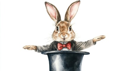 Whimsical and Colorful Watercolor of a Playful Circus Rabbit Character Emerging from a Magician s Hat on a White Background