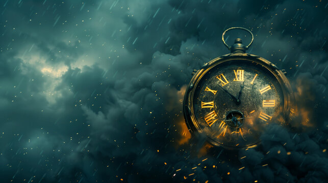 Antique Alarm Clock in Smoky Atmosphere with Sparks