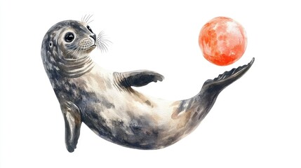 Obraz premium Vibrant watercolor of a playful circus seal balancing a ball on its nose showcasing the animal s impressive performance skills and entertaining character in a whimsical circus setting