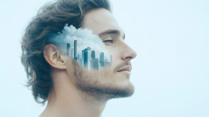 Double exposure of a man&rsquo;s head combined with a building and smoke, the environmental consequences of urban life. Isolated on a background, raises awareness about city pollution and PM2.5 concerns.