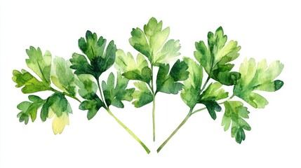 Charming watercolor of a fresh green parsley sprig with a happy vibrant appearance against a clean minimalist white background  This versatile plant icon can be used for recipes cooking healthy food