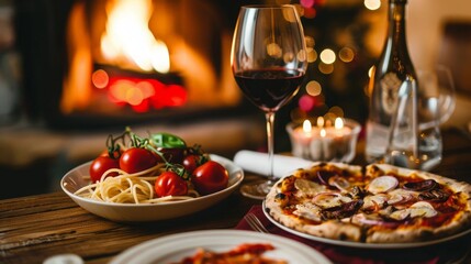 A traditional Italian dinner with pasta, pizza, and a glass of red wine, cozy and inviting
