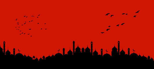 Muslim Cityscape. Mosque Building Religion Flat Vector Illustration. Arabian city black silhouette vector