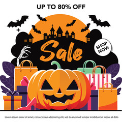 Vector illustration for Halloween sale banner, Halloween pumpkin, shopping bag, scary castle.